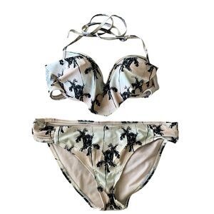 Rue Bleu by Rue 21 Palm Tree Beach Pink Ruffle Top Bikini Set Women's Small Med